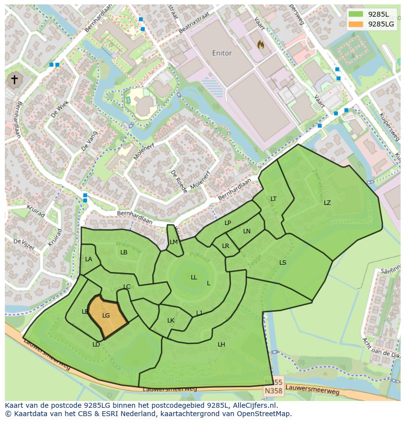 Afbeelding van het postcodegebied 9285 LG op de kaart.