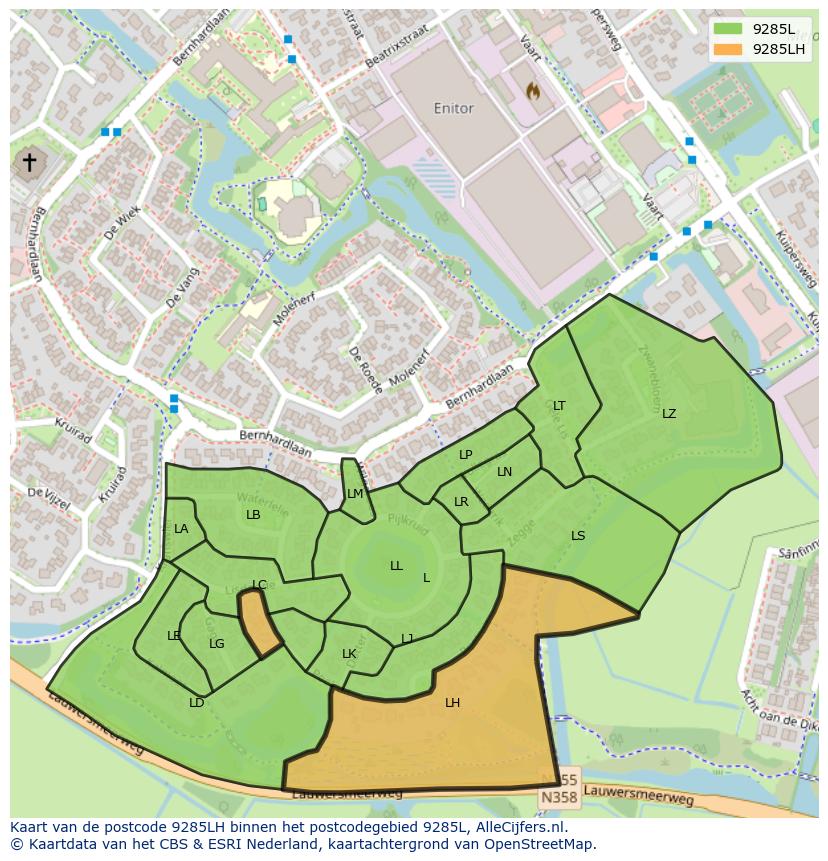 Afbeelding van het postcodegebied 9285 LH op de kaart.