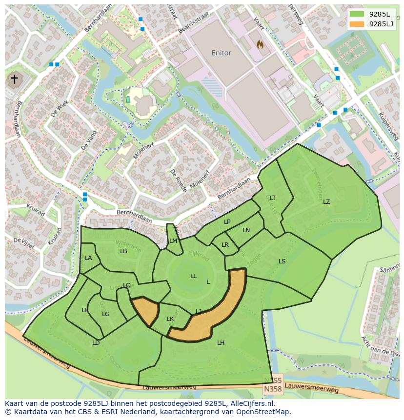 Afbeelding van het postcodegebied 9285 LJ op de kaart.