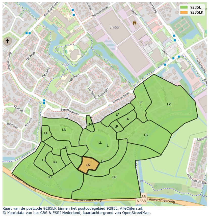 Afbeelding van het postcodegebied 9285 LK op de kaart.