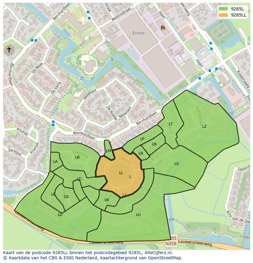 Afbeelding van het postcodegebied 9285 LL op de kaart.