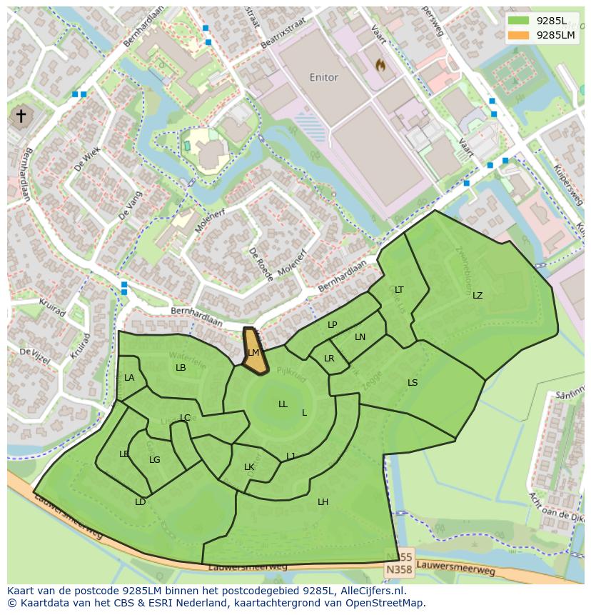 Afbeelding van het postcodegebied 9285 LM op de kaart.