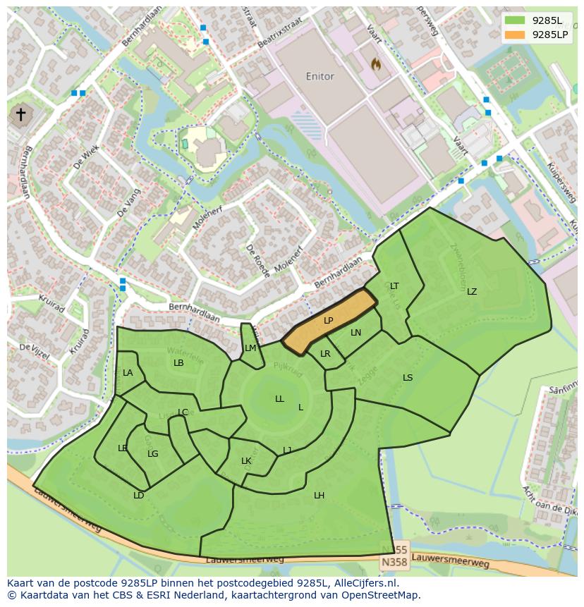 Afbeelding van het postcodegebied 9285 LP op de kaart.