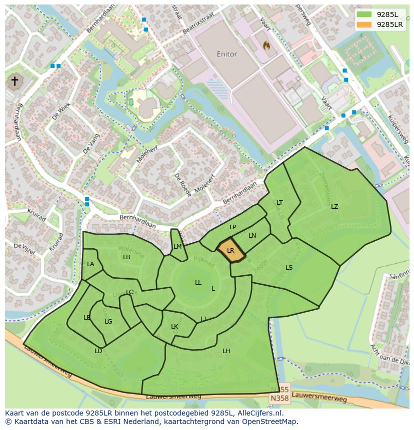 Afbeelding van het postcodegebied 9285 LR op de kaart.