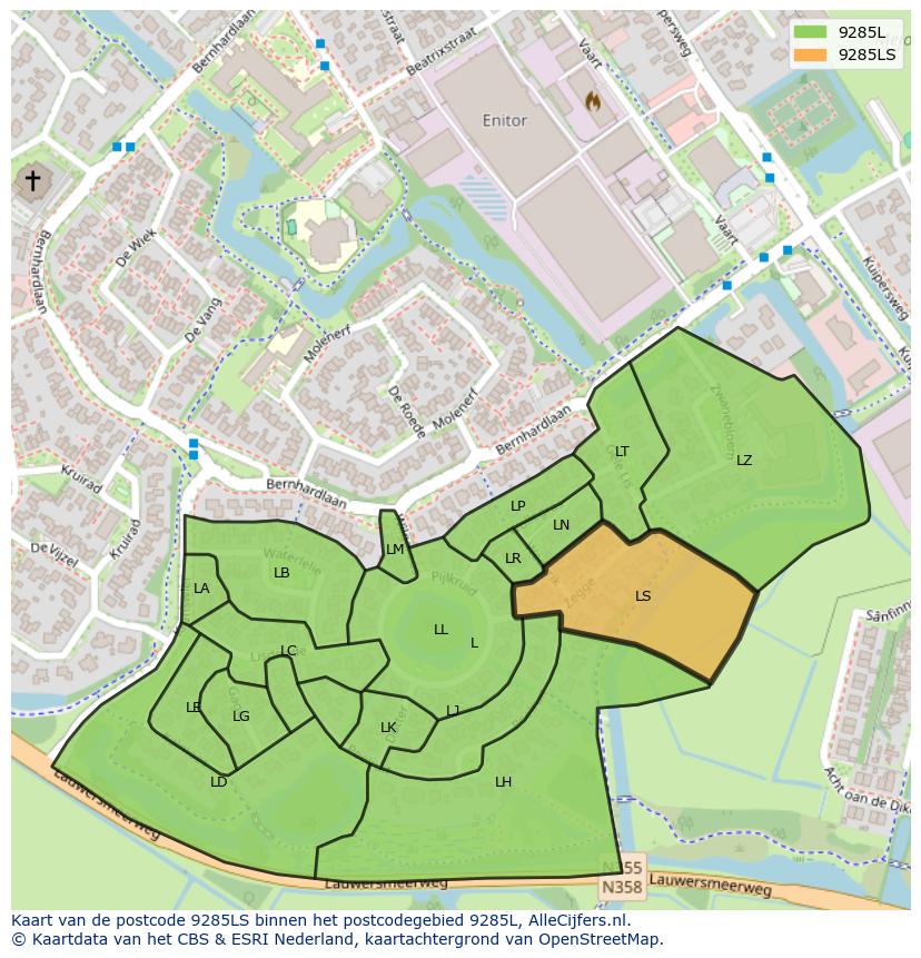 Afbeelding van het postcodegebied 9285 LS op de kaart.