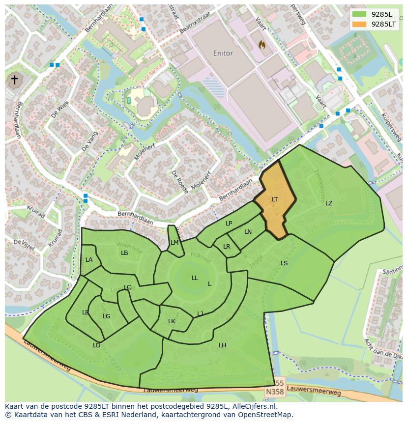 Afbeelding van het postcodegebied 9285 LT op de kaart.