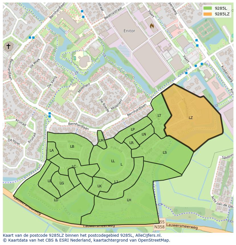 Afbeelding van het postcodegebied 9285 LZ op de kaart.