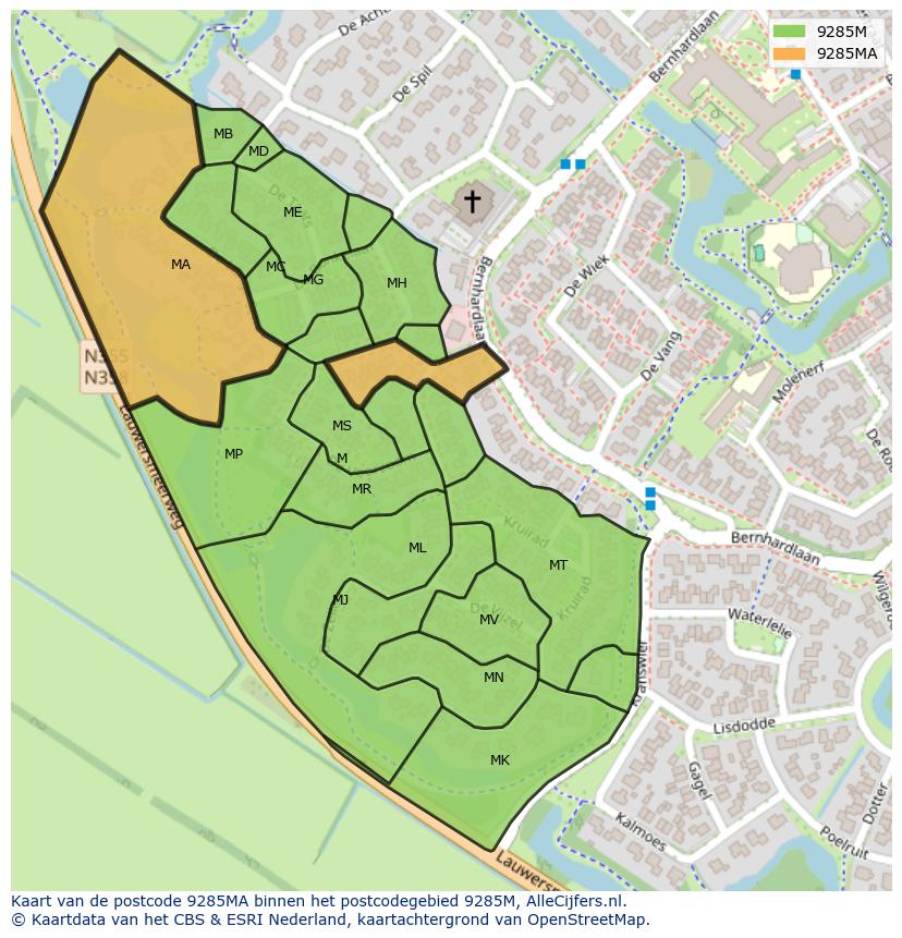 Afbeelding van het postcodegebied 9285 MA op de kaart.