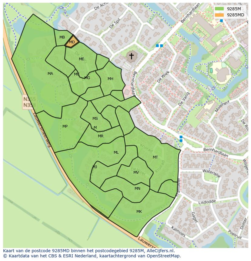 Afbeelding van het postcodegebied 9285 MD op de kaart.