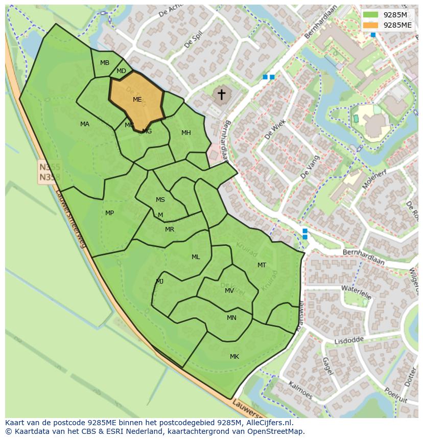 Afbeelding van het postcodegebied 9285 ME op de kaart.