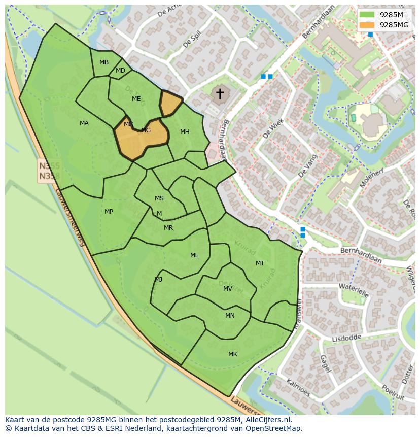 Afbeelding van het postcodegebied 9285 MG op de kaart.