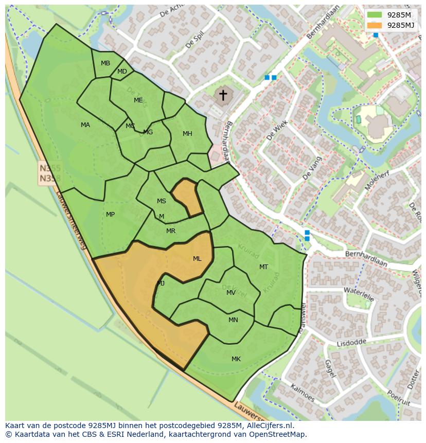 Afbeelding van het postcodegebied 9285 MJ op de kaart.