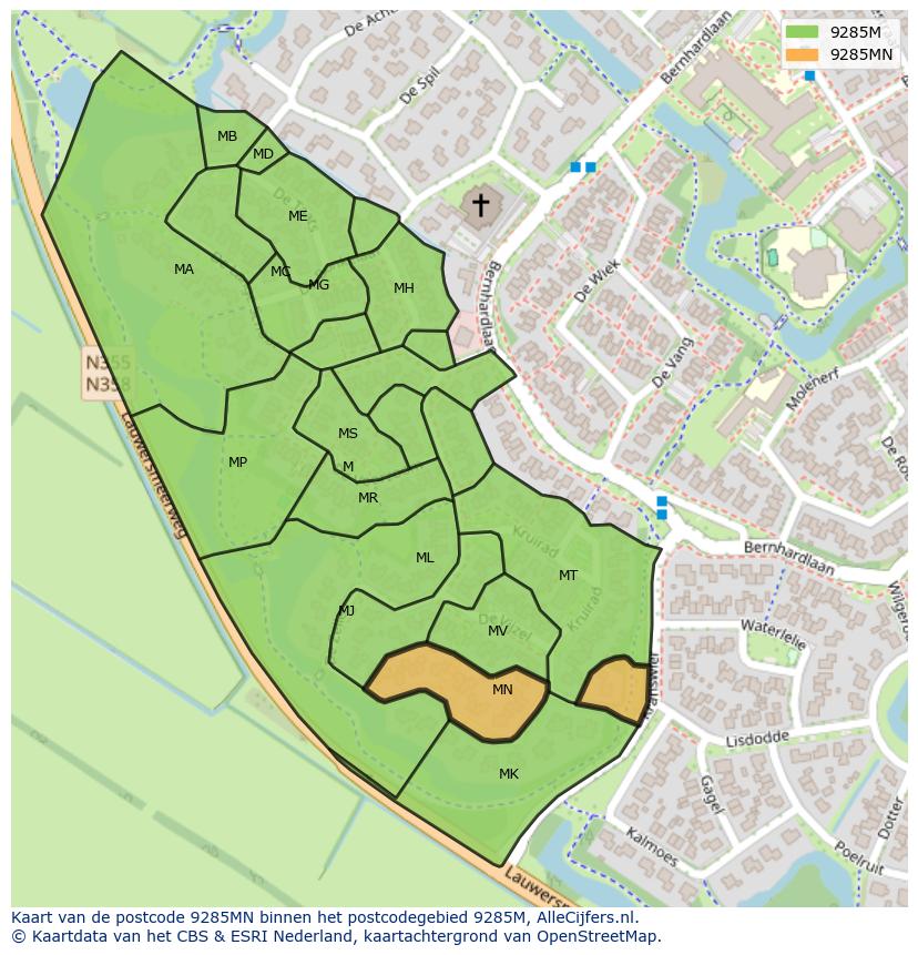 Afbeelding van het postcodegebied 9285 MN op de kaart.