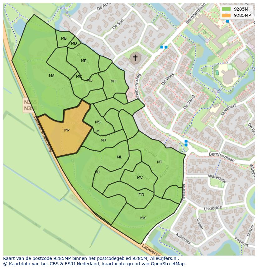 Afbeelding van het postcodegebied 9285 MP op de kaart.