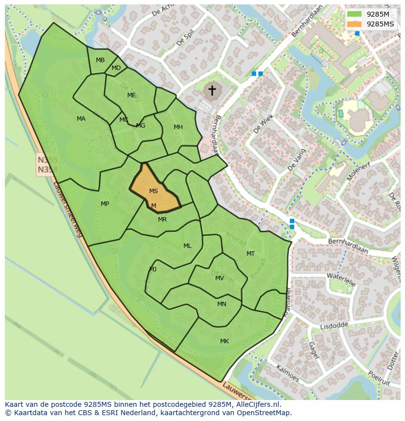 Afbeelding van het postcodegebied 9285 MS op de kaart.