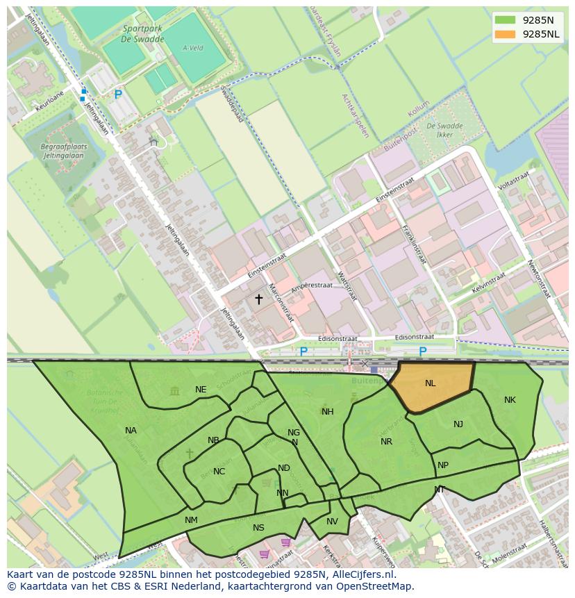 Afbeelding van het postcodegebied 9285 NL op de kaart.
