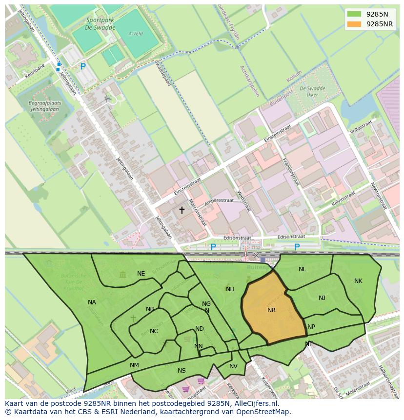 Afbeelding van het postcodegebied 9285 NR op de kaart.