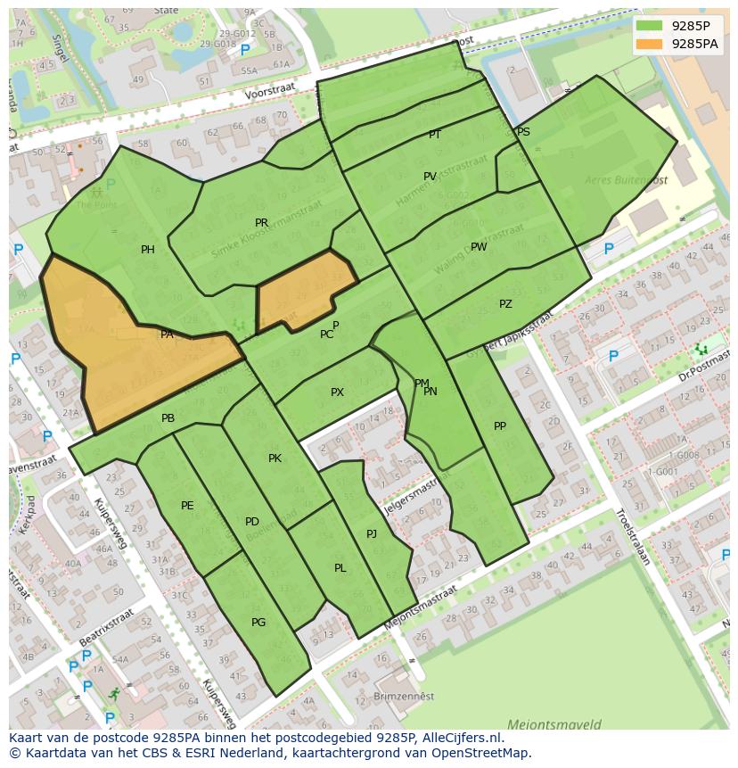 Afbeelding van het postcodegebied 9285 PA op de kaart.