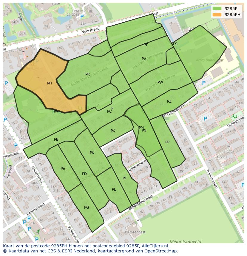Afbeelding van het postcodegebied 9285 PH op de kaart.