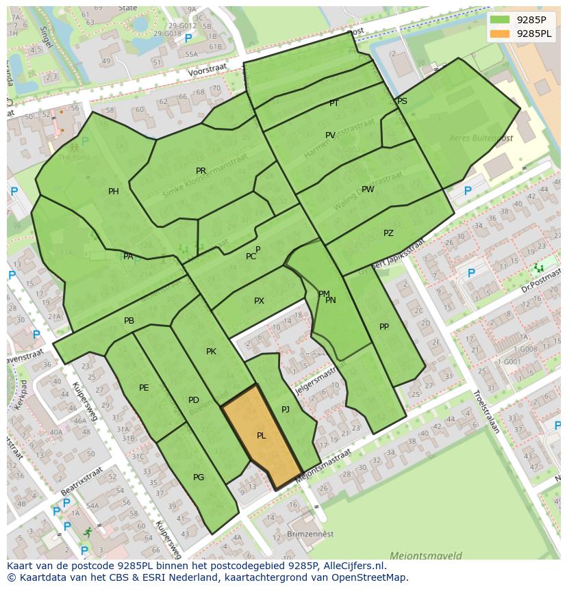 Afbeelding van het postcodegebied 9285 PL op de kaart.