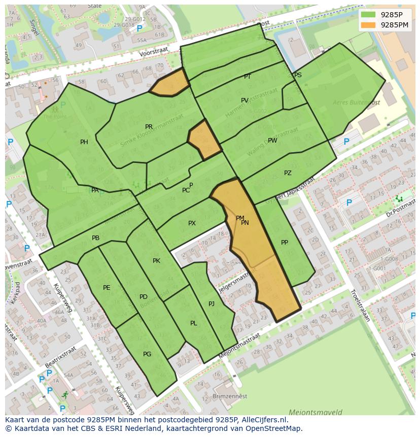 Afbeelding van het postcodegebied 9285 PM op de kaart.