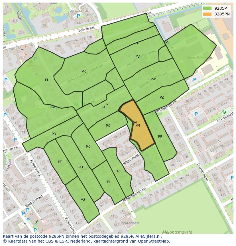 Afbeelding van het postcodegebied 9285 PN op de kaart.