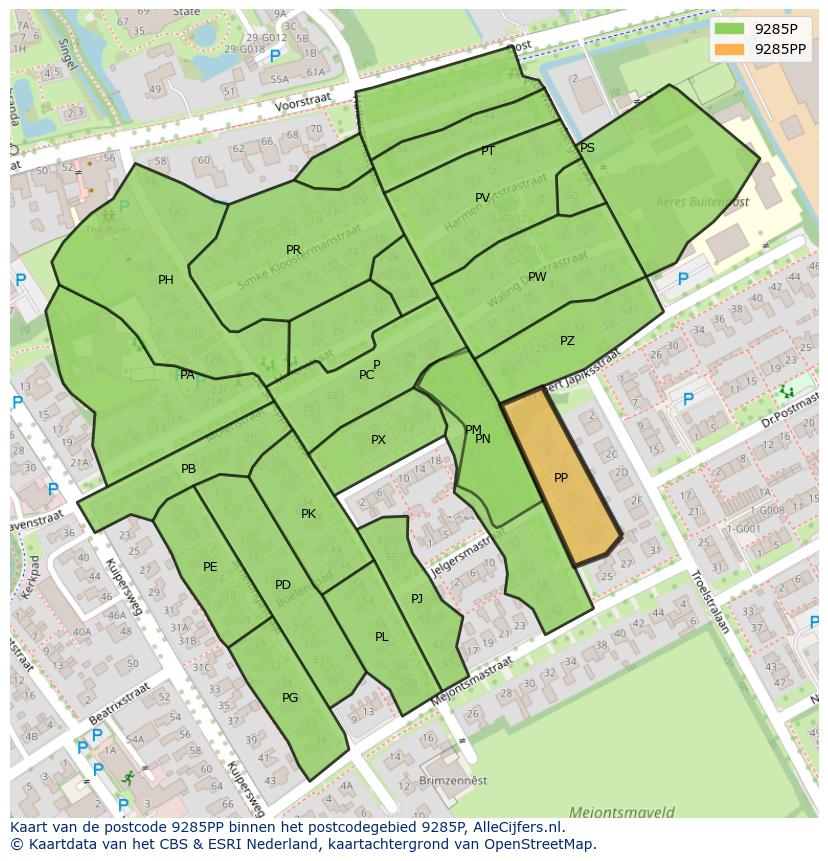 Afbeelding van het postcodegebied 9285 PP op de kaart.