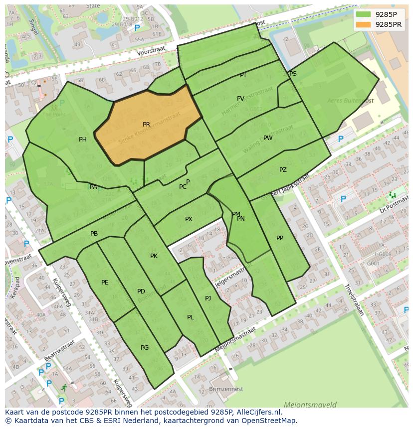 Afbeelding van het postcodegebied 9285 PR op de kaart.