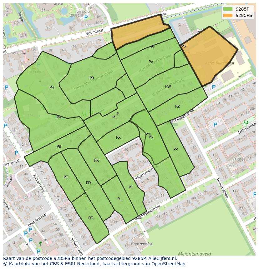 Afbeelding van het postcodegebied 9285 PS op de kaart.