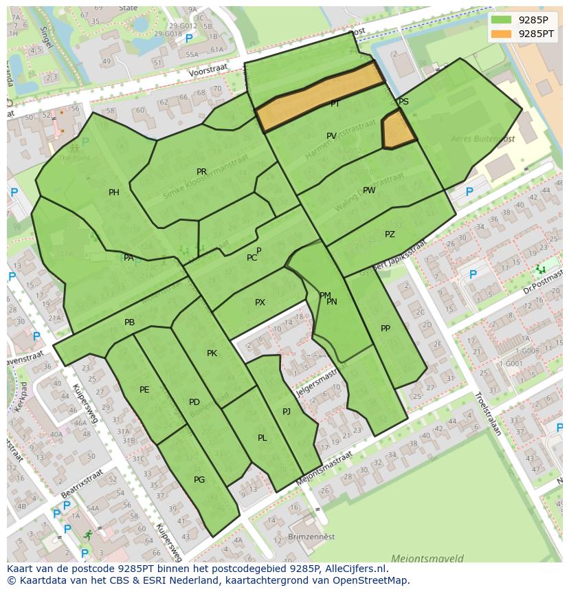Afbeelding van het postcodegebied 9285 PT op de kaart.
