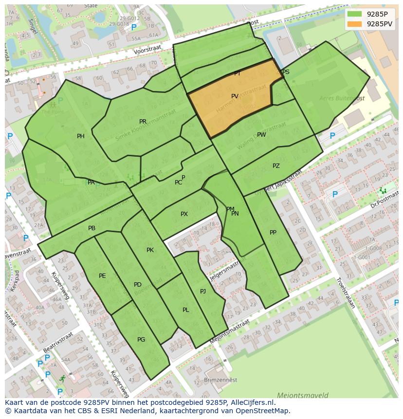 Afbeelding van het postcodegebied 9285 PV op de kaart.