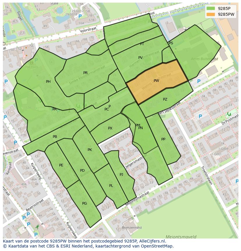 Afbeelding van het postcodegebied 9285 PW op de kaart.