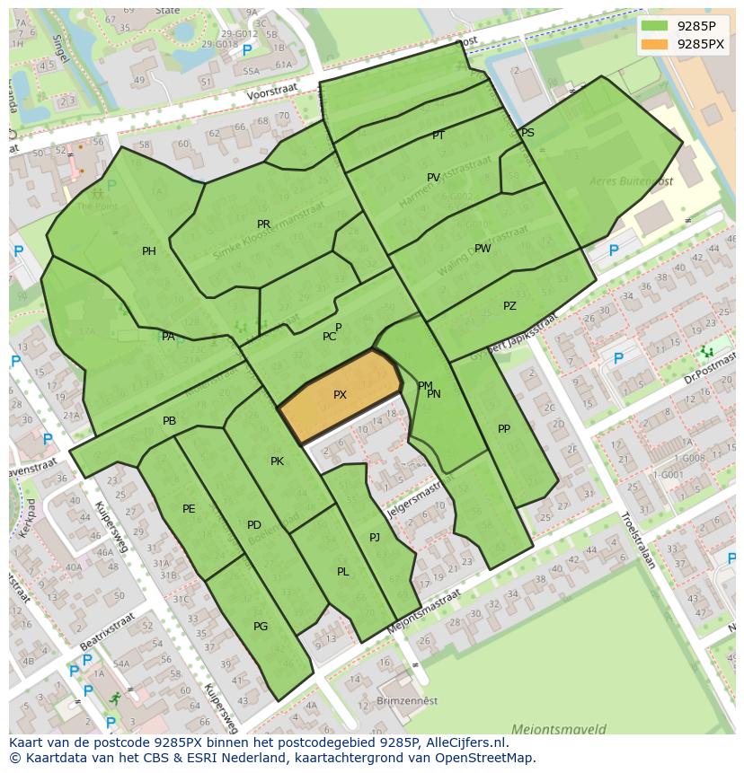 Afbeelding van het postcodegebied 9285 PX op de kaart.