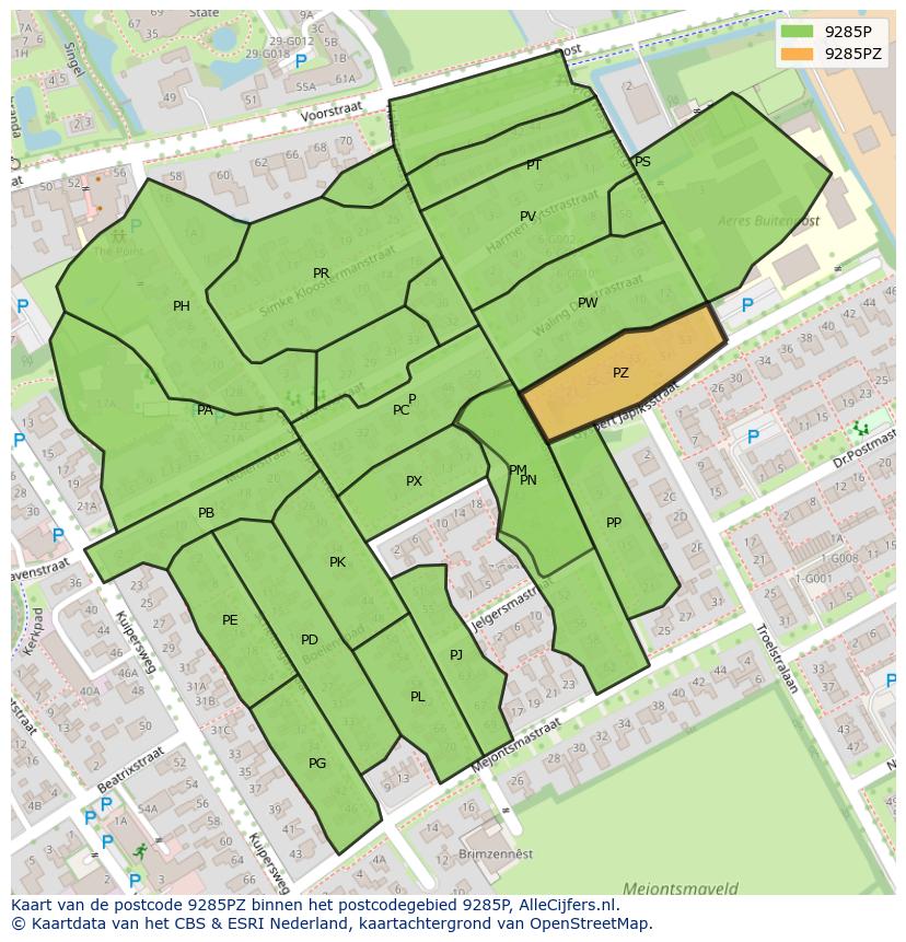 Afbeelding van het postcodegebied 9285 PZ op de kaart.