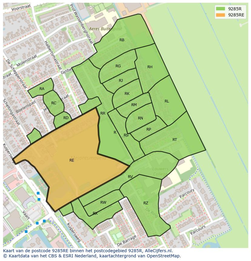 Afbeelding van het postcodegebied 9285 RE op de kaart.