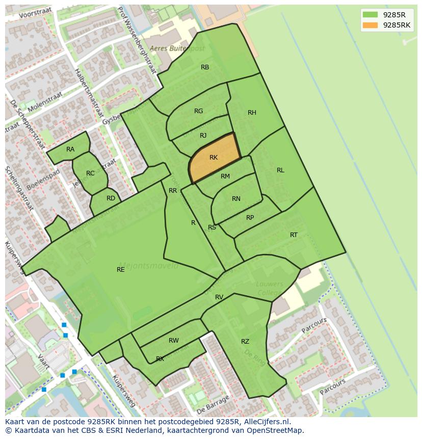 Afbeelding van het postcodegebied 9285 RK op de kaart.