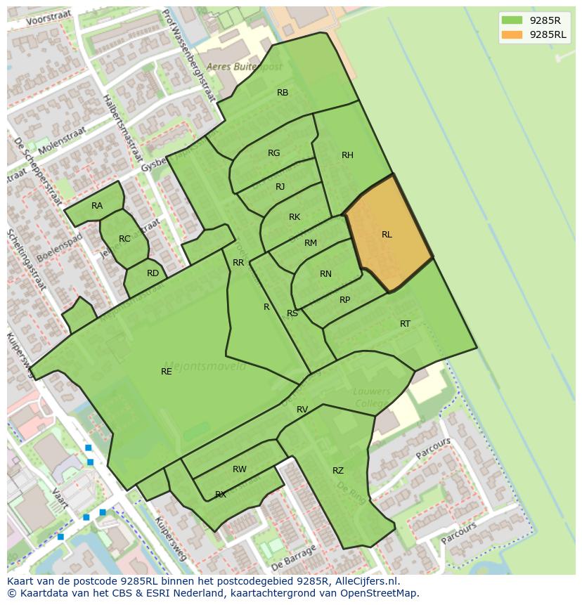 Afbeelding van het postcodegebied 9285 RL op de kaart.