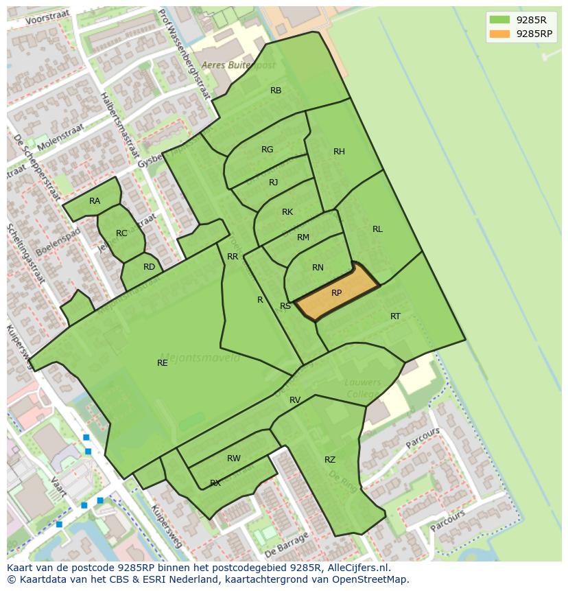 Afbeelding van het postcodegebied 9285 RP op de kaart.
