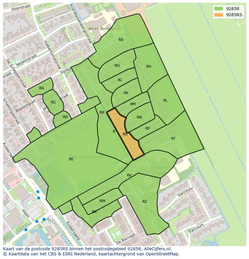 Afbeelding van het postcodegebied 9285 RS op de kaart.