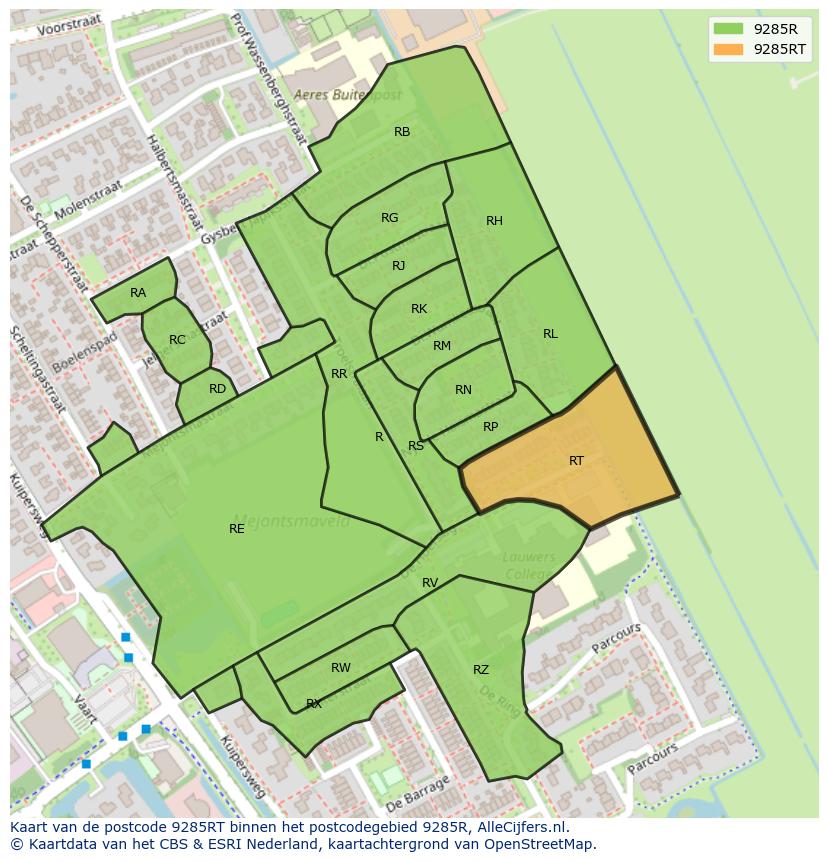 Afbeelding van het postcodegebied 9285 RT op de kaart.