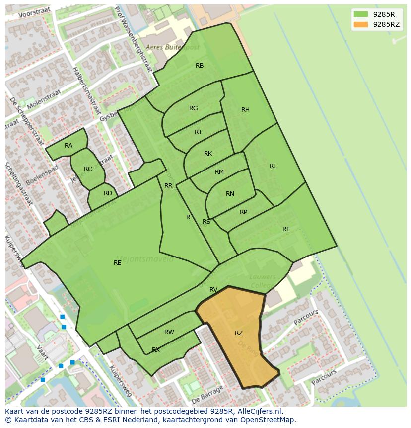 Afbeelding van het postcodegebied 9285 RZ op de kaart.