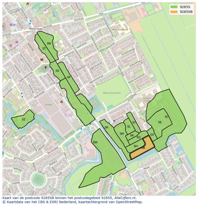 Afbeelding van het postcodegebied 9285 SB op de kaart.