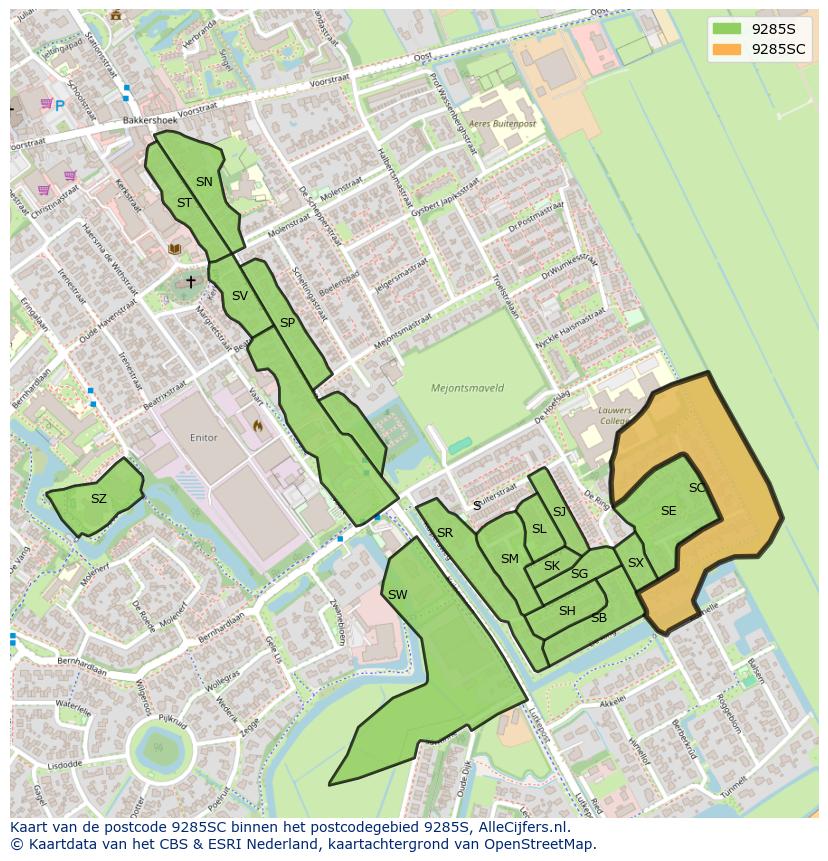 Afbeelding van het postcodegebied 9285 SC op de kaart.