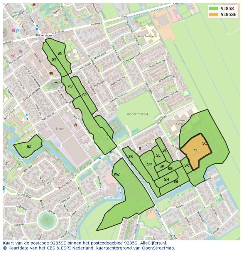 Afbeelding van het postcodegebied 9285 SE op de kaart.