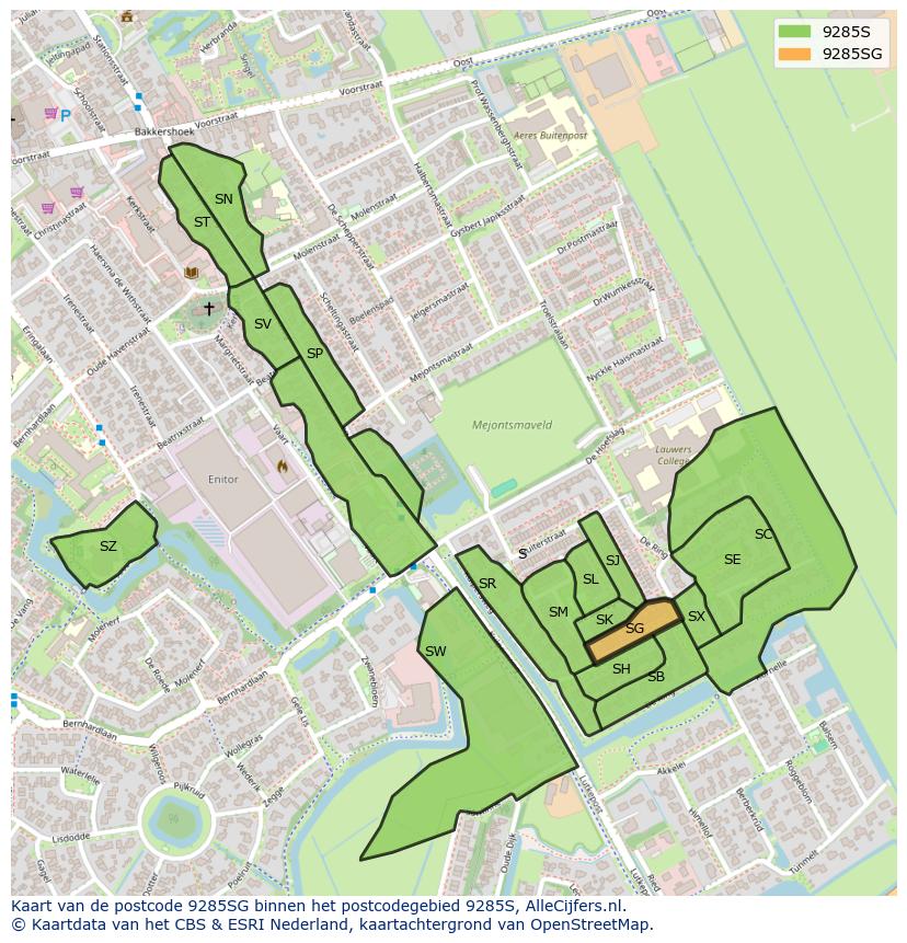 Afbeelding van het postcodegebied 9285 SG op de kaart.
