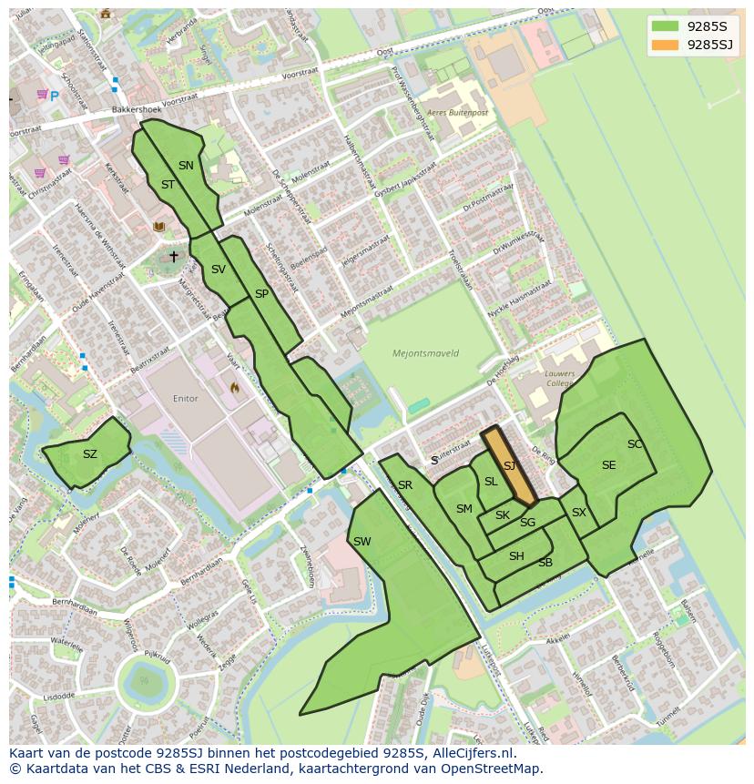 Afbeelding van het postcodegebied 9285 SJ op de kaart.