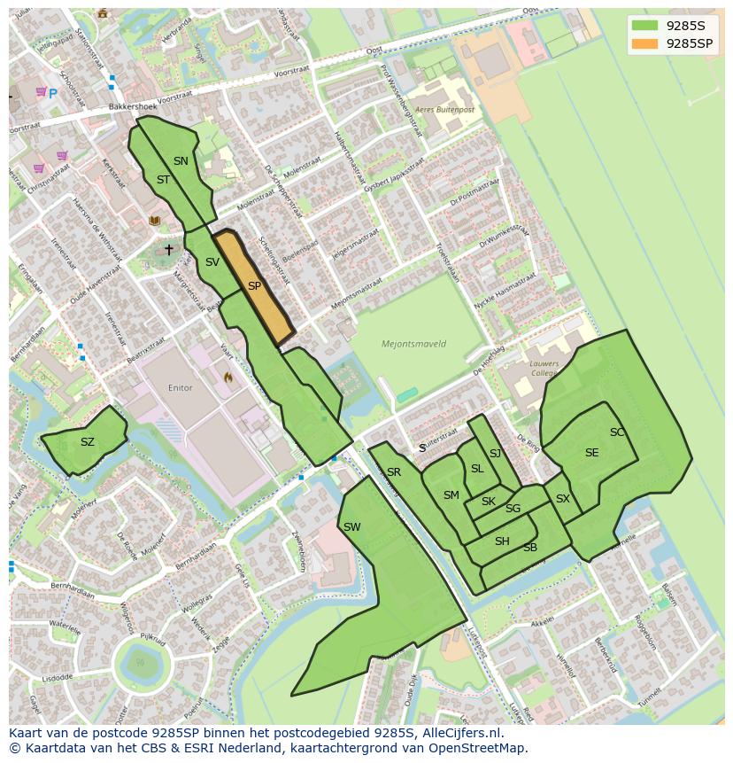 Afbeelding van het postcodegebied 9285 SP op de kaart.