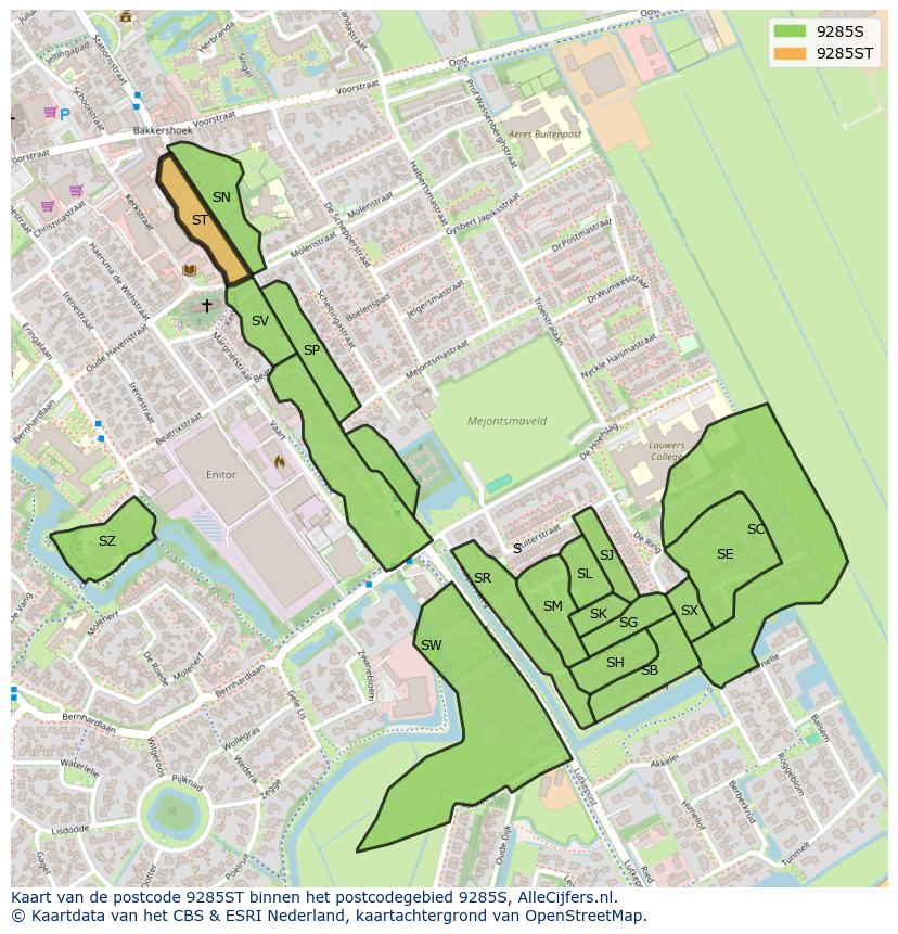 Afbeelding van het postcodegebied 9285 ST op de kaart.