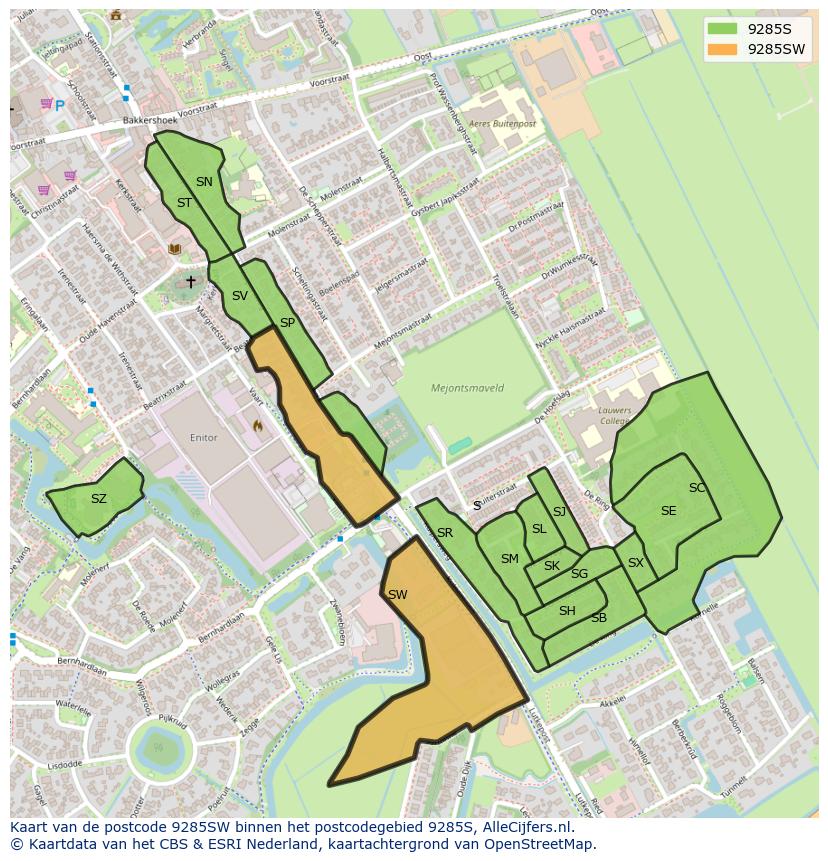 Afbeelding van het postcodegebied 9285 SW op de kaart.