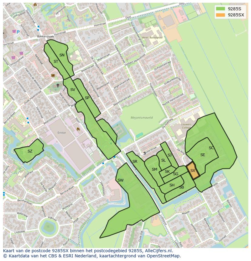 Afbeelding van het postcodegebied 9285 SX op de kaart.
